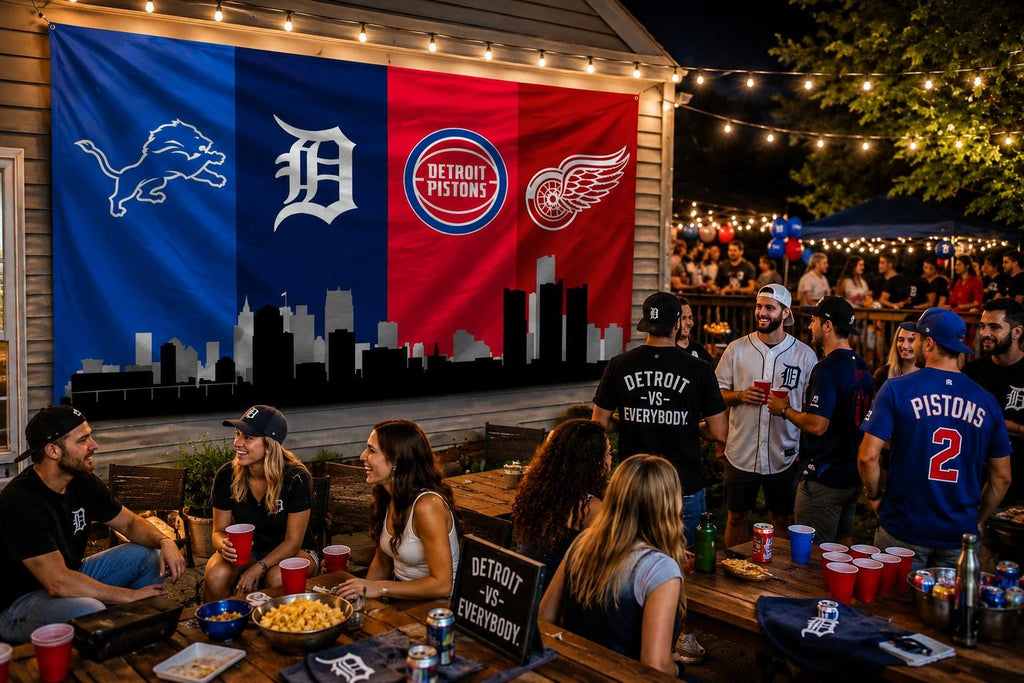 Detroit Sports Banner 4x8ft & 6x12ft | Lions Tigers Pistons Red Wings Wall Decor | Huge Detroit Man Cave Banner | Garage Sports Decor