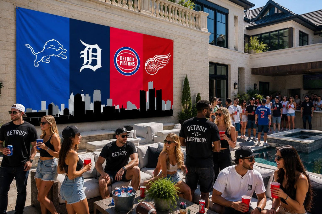 Detroit Sports Banner 4x8ft & 6x12ft | Lions Tigers Pistons Red Wings Wall Decor | Huge Detroit Man Cave Banner | Garage Sports Decor