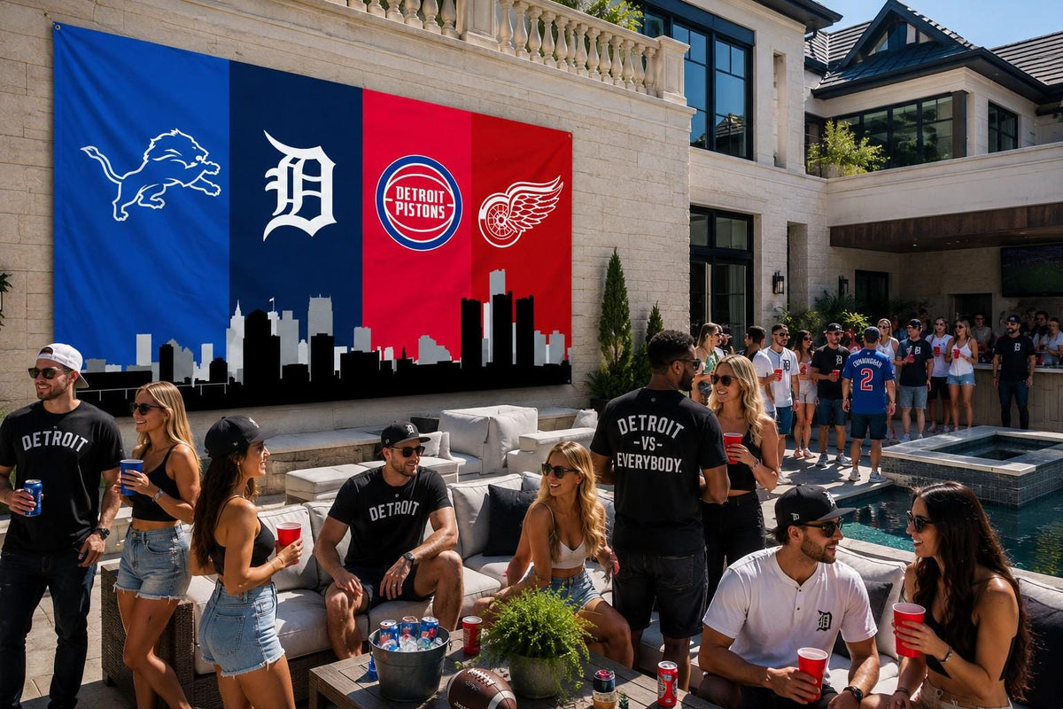 Detroit Sports Banner 4x8ft & 6x12ft | Lions Tigers Pistons Red Wings Wall Decor | Huge Detroit Man Cave Banner | Garage Sports Decor