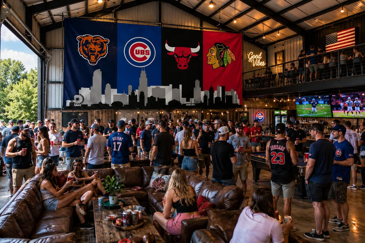 Chicago Sports Banner 4x8ft & 6x12ft | Bears Cubs Bulls Blackhawks Wall Decor | Huge Chicago Man Cave Banner | Chicago Skyline Decor