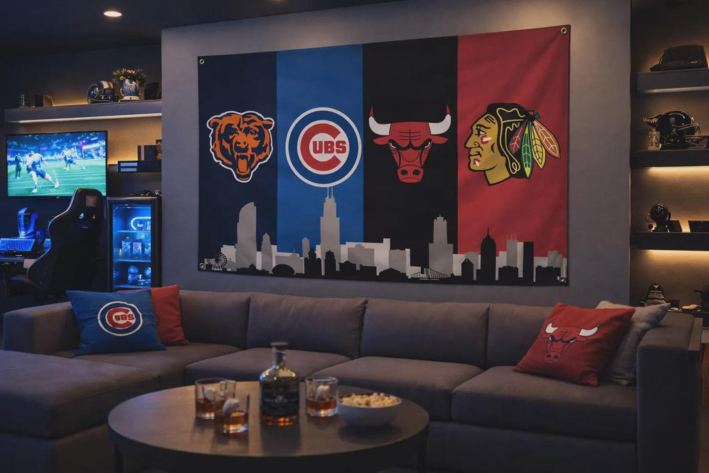 Chicago Sports Banner 4x8ft & 6x12ft | Bears Cubs Bulls Blackhawks Wall Decor | Huge Chicago Man Cave Banner | Chicago Skyline Decor