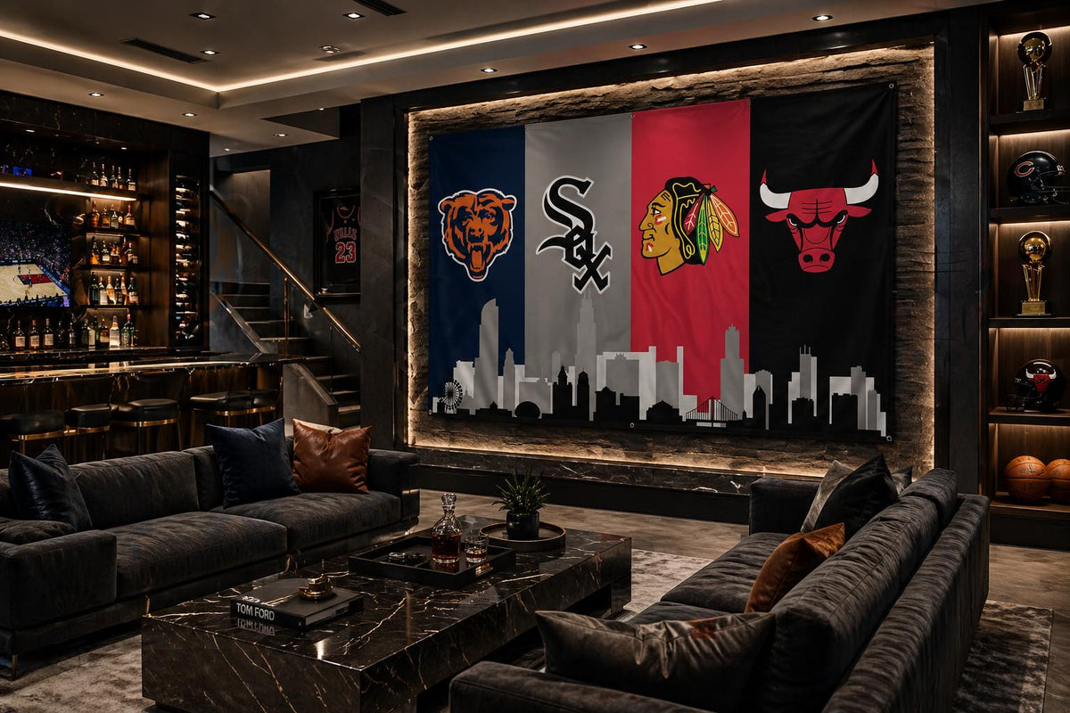 Chicago Sports Banner 4x8ft & 6x12ft | Bears White Sox Bulls Blackhawks Wall Decor | Huge Chicago Man Cave Banner | Chicago Skyline Decor
