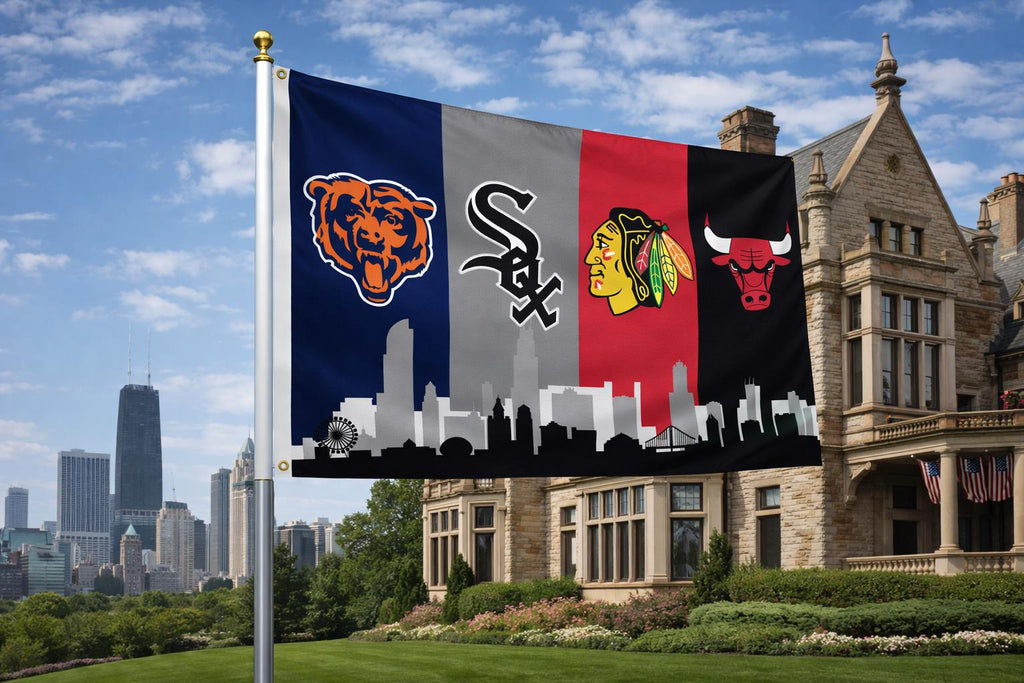 Chicago Sports Banner 4x8ft & 6x12ft | Bears White Sox Bulls Blackhawks Wall Decor | Huge Chicago Man Cave Banner | Chicago Skyline Decor