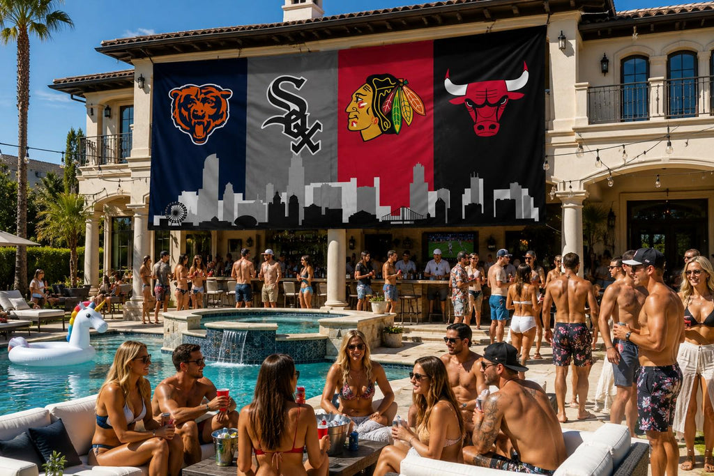 Chicago Sports Banner 4x8ft & 6x12ft | Bears White Sox Bulls Blackhawks Wall Decor | Huge Chicago Man Cave Banner | Chicago Skyline Decor