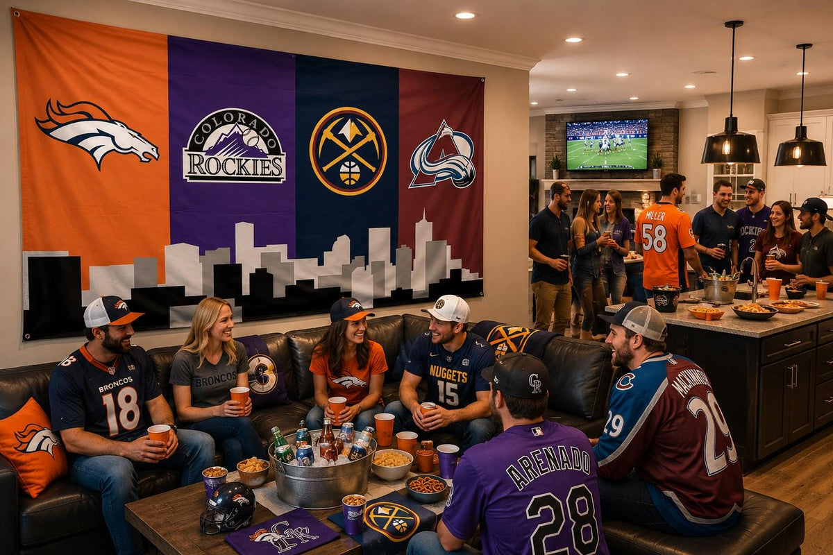 Denver Sports Banner 4x8ft & 6x12ft | Broncos Rockies Nuggets Avalanche Wall Decor | Huge Denver Man Cave Banner | Colorado Skyline Decor