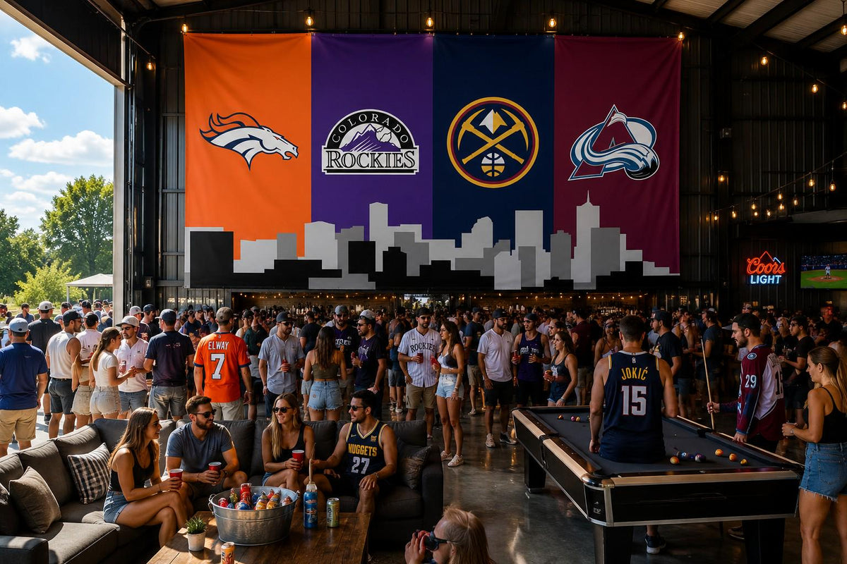 Denver Sports Banner 4x8ft & 6x12ft | Broncos Rockies Nuggets Avalanche Wall Decor | Huge Denver Man Cave Banner | Colorado Skyline Decor