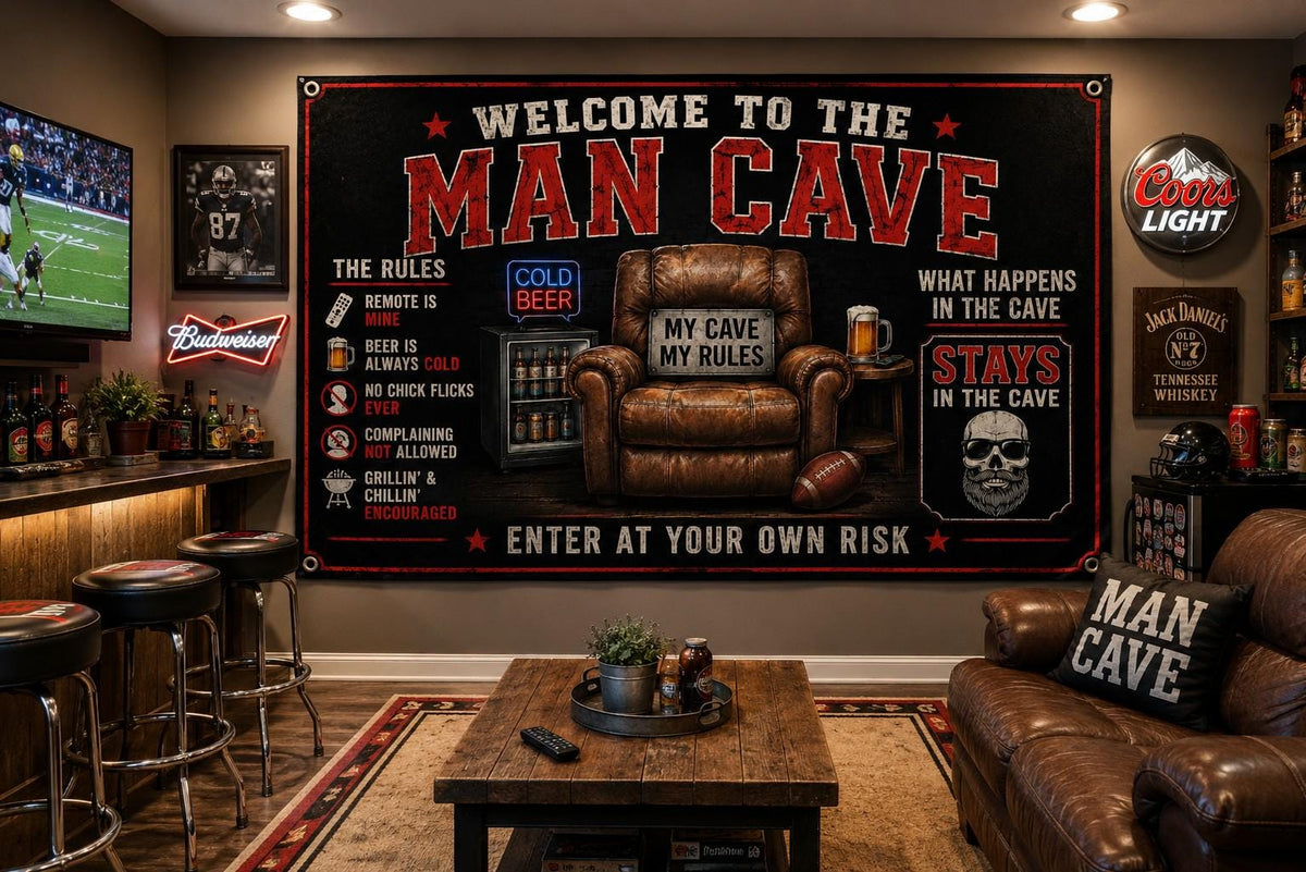 Welcome to the Man Cave flag for garage and bar decor