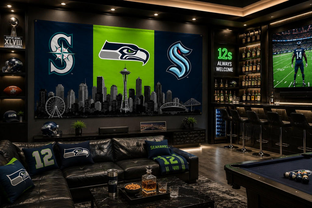 Seattle Sports Flag – Seahawks Mariners Kraken Skyline Flag, Seattle Fan Decor, Seattle Sports Banner, Man Cave Flag, Game Room Wall Art