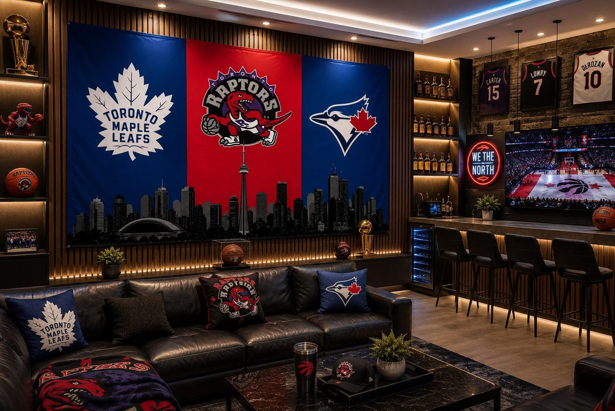 Toronto Sports Flag– Maple Leafs Raptors Blue Jays Skyline Flag, Toronto Fan Decor, Toronto Sports Banner, Man Cave Flag, Game Room Wall Art