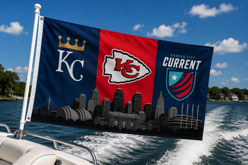 Kansas City Sports Flag – Chiefs Royals Current Skyline Flag, Kansas City Fan Decor, KC Sports Banner, Man Cave Flag, Game Room Wall Art