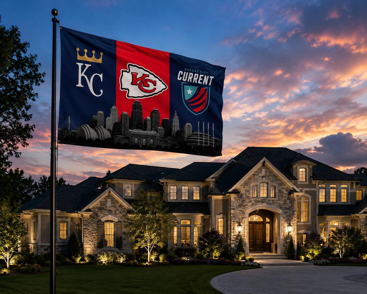 Kansas City Sports Flag – Chiefs Royals Current Skyline Flag, Kansas City Fan Decor, KC Sports Banner, Man Cave Flag, Game Room Wall Art