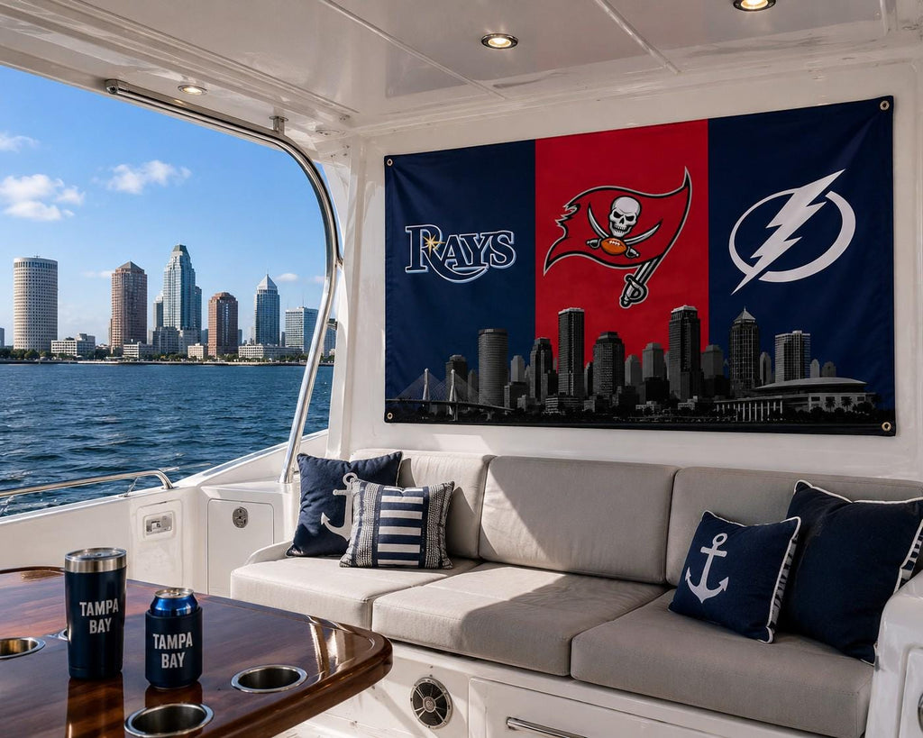Tampa Bay Sports Flag - Buccaneers Rays Lightning Flag, Tampa Bay Skyline Banner, Florida Sports Fan Gift, Man Cave Decor
