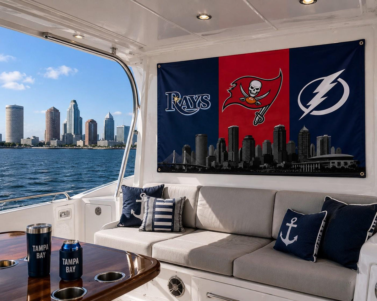 Tampa Bay Sports Flag - Buccaneers Rays Lightning Flag, Tampa Bay Skyline Banner, Florida Sports Fan Gift, Man Cave Decor