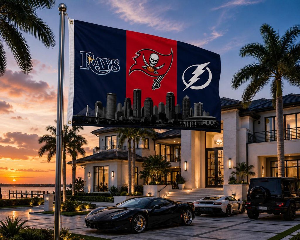 Tampa Bay Sports Flag - Buccaneers Rays Lightning Flag, Tampa Bay Skyline Banner, Florida Sports Fan Gift, Man Cave Decor