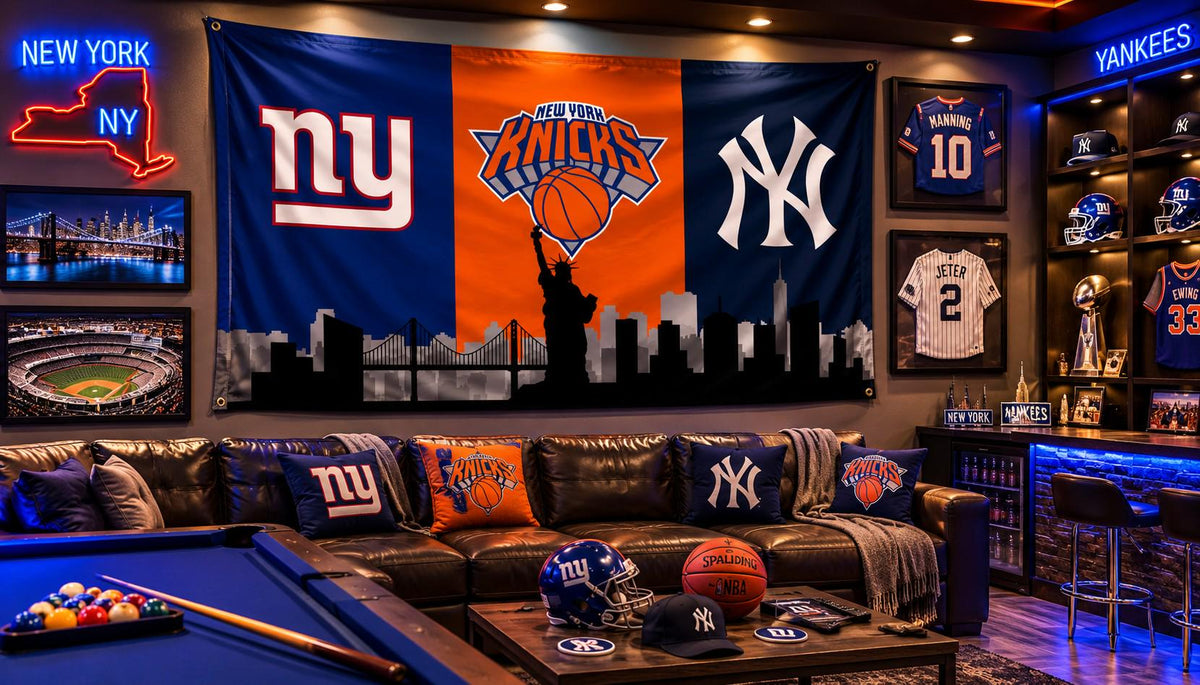 New York vs Everybody Flag, Yankees Knicks Giants Rangers Flag, NYC Skyline Sports Banner, New York Mancave Decor
