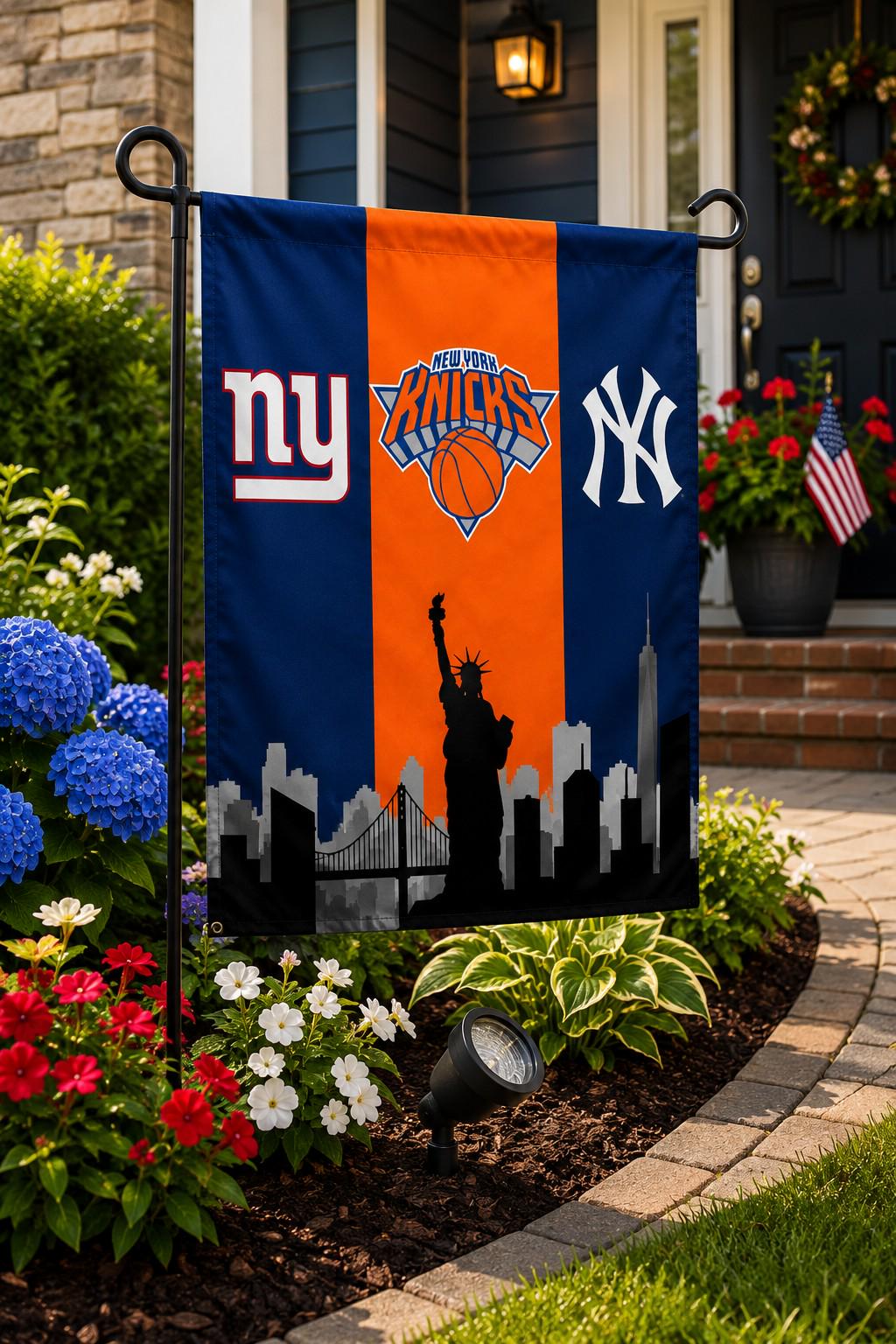 New York Giants Knicks Yankees Flag, NYC Skyline Sports Flag, New York Fan Decor, Mancave Banner, Garden Boat Flag