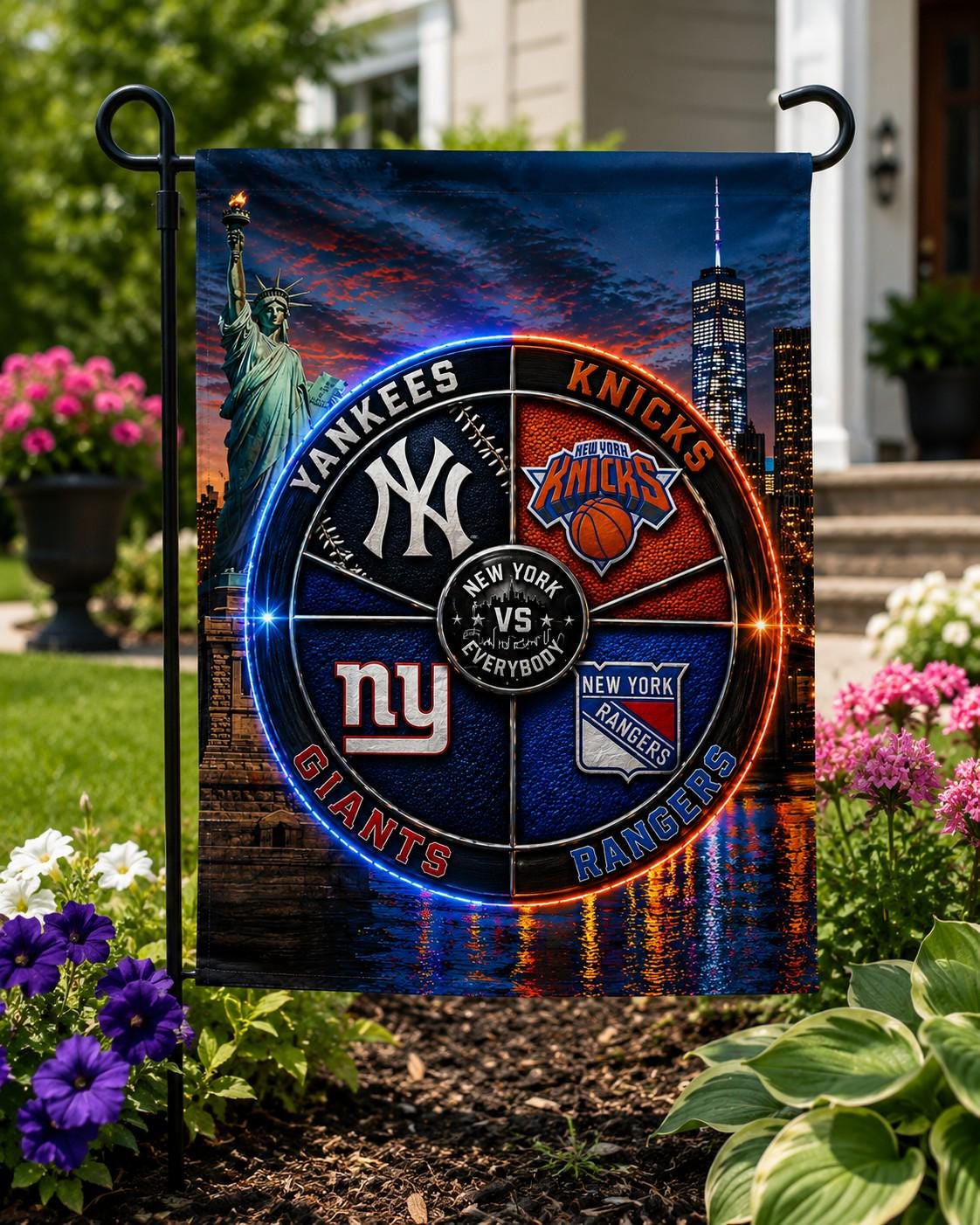 New York vs Everybody Flag, Yankees Knicks Giants Rangers Flag, NYC Skyline Sports Banner, New York Mancave Decor