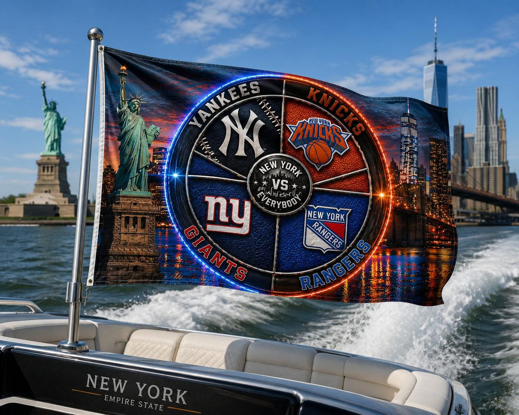 New York vs Everybody Flag, Yankees Knicks Giants Rangers Flag, NYC Skyline Sports Banner, New York Mancave Decor