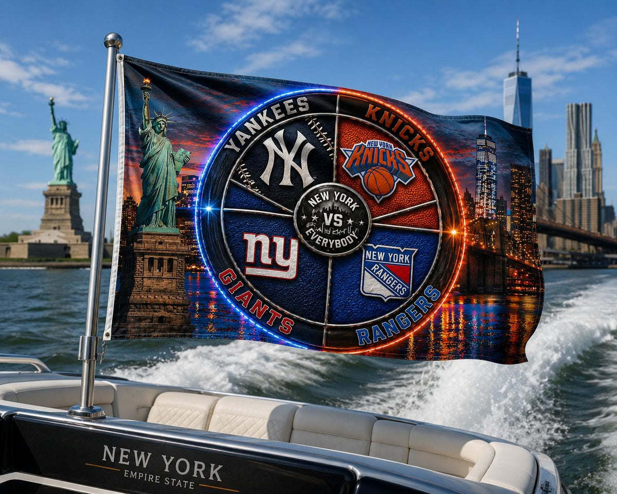 New York vs Everybody Flag, Yankees Knicks Giants Rangers Flag, NYC Skyline Sports Banner, New York Mancave Decor