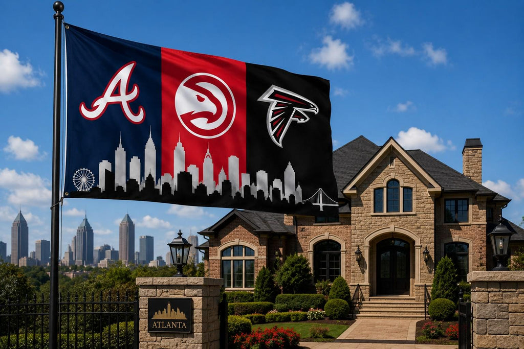 Atlanta Braves Hawks Falcons Flag, Atlanta Skyline Flag, Atlanta Sports Decor, Mancave Flag, Garage Banner Gift