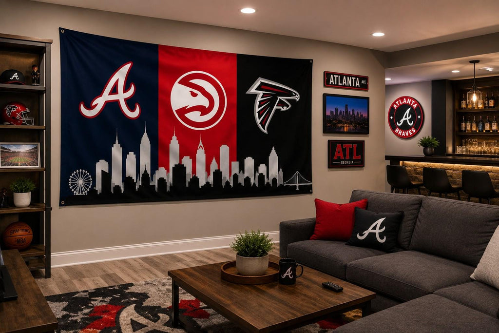 Atlanta Braves Hawks Falcons Flag, Atlanta Skyline Flag, Atlanta Sports Decor, Mancave Flag, Garage Banner Gift