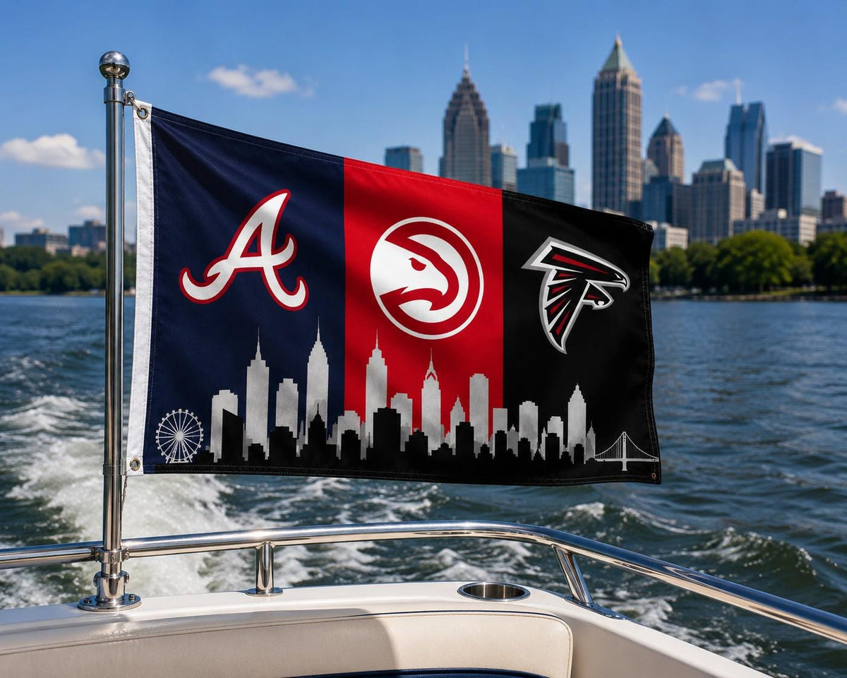 Atlanta Braves Hawks Falcons Flag, Atlanta Skyline Flag, Atlanta Sports Decor, Mancave Flag, Garage Banner Gift