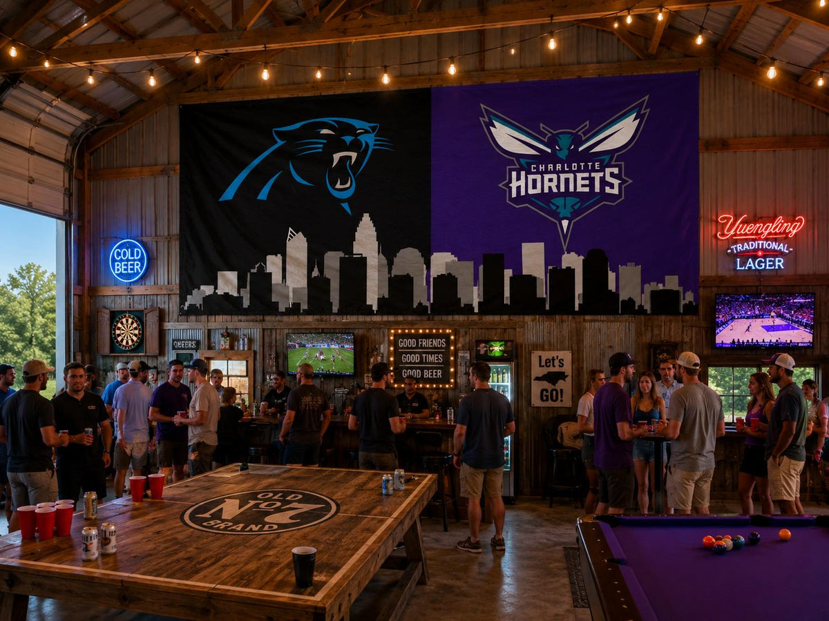 Carolina Panthers Hornets Garden Flag, Charlotte Sports Flag, Panthers Hornets Banner, Charlotte Skyline Flag, Mancave Decor