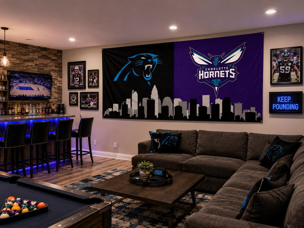 Carolina Panthers Hornets Garden Flag, Charlotte Sports Flag, Panthers Hornets Banner, Charlotte Skyline Flag, Mancave Decor
