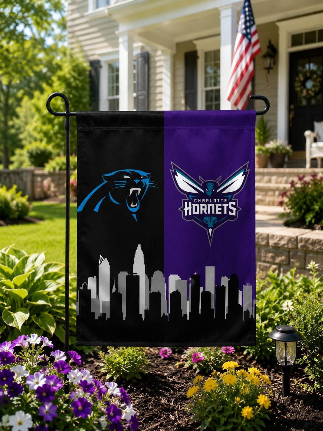 Carolina Panthers Hornets Garden Flag, Charlotte Sports Flag, Panthers Hornets Banner, Charlotte Skyline Flag, Mancave Decor