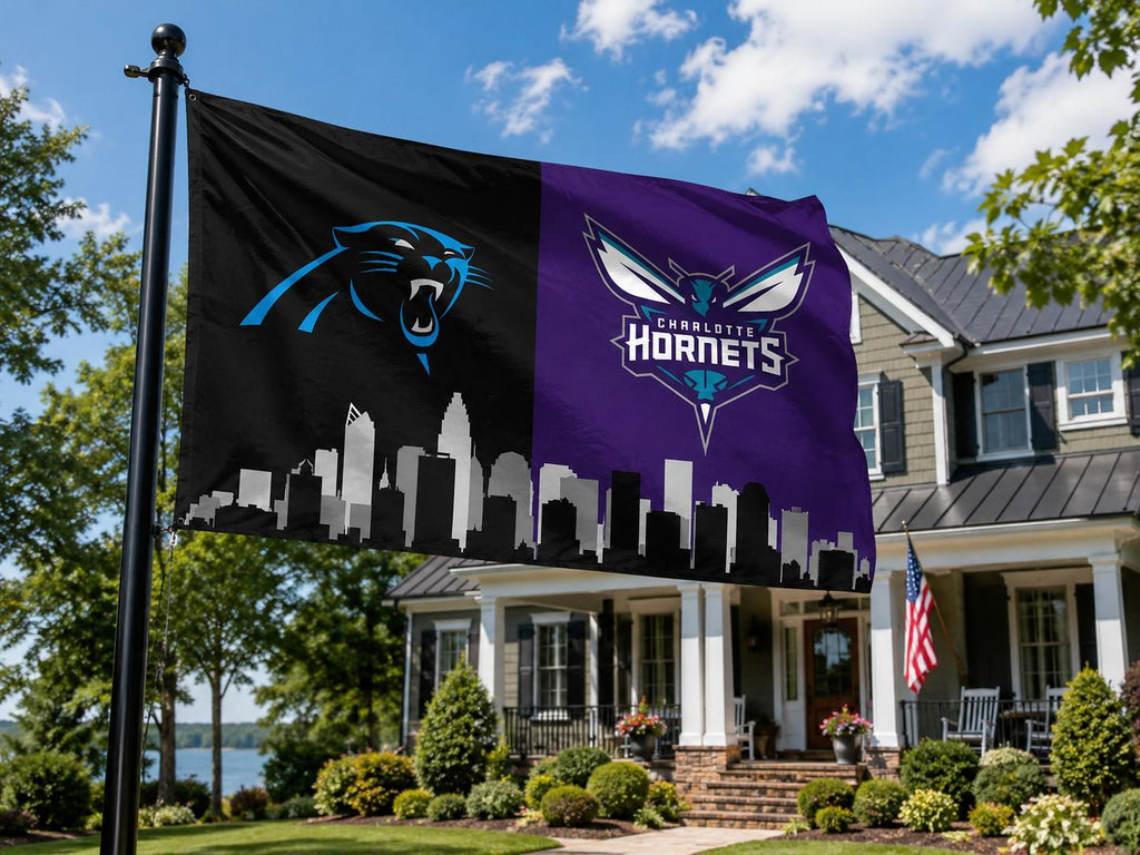 Carolina Panthers Hornets Garden Flag, Charlotte Sports Flag, Panthers Hornets Banner, Charlotte Skyline Flag, Mancave Decor