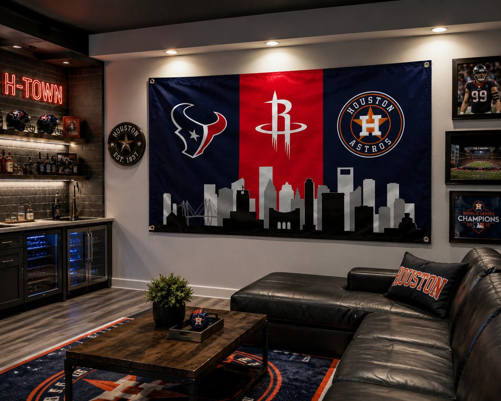 Houston Texans Rockets Astros Flag, Houston Sports Flag, Houston Skyline Banner, Texans Astros Rockets Decor, Houston Mancave Flag