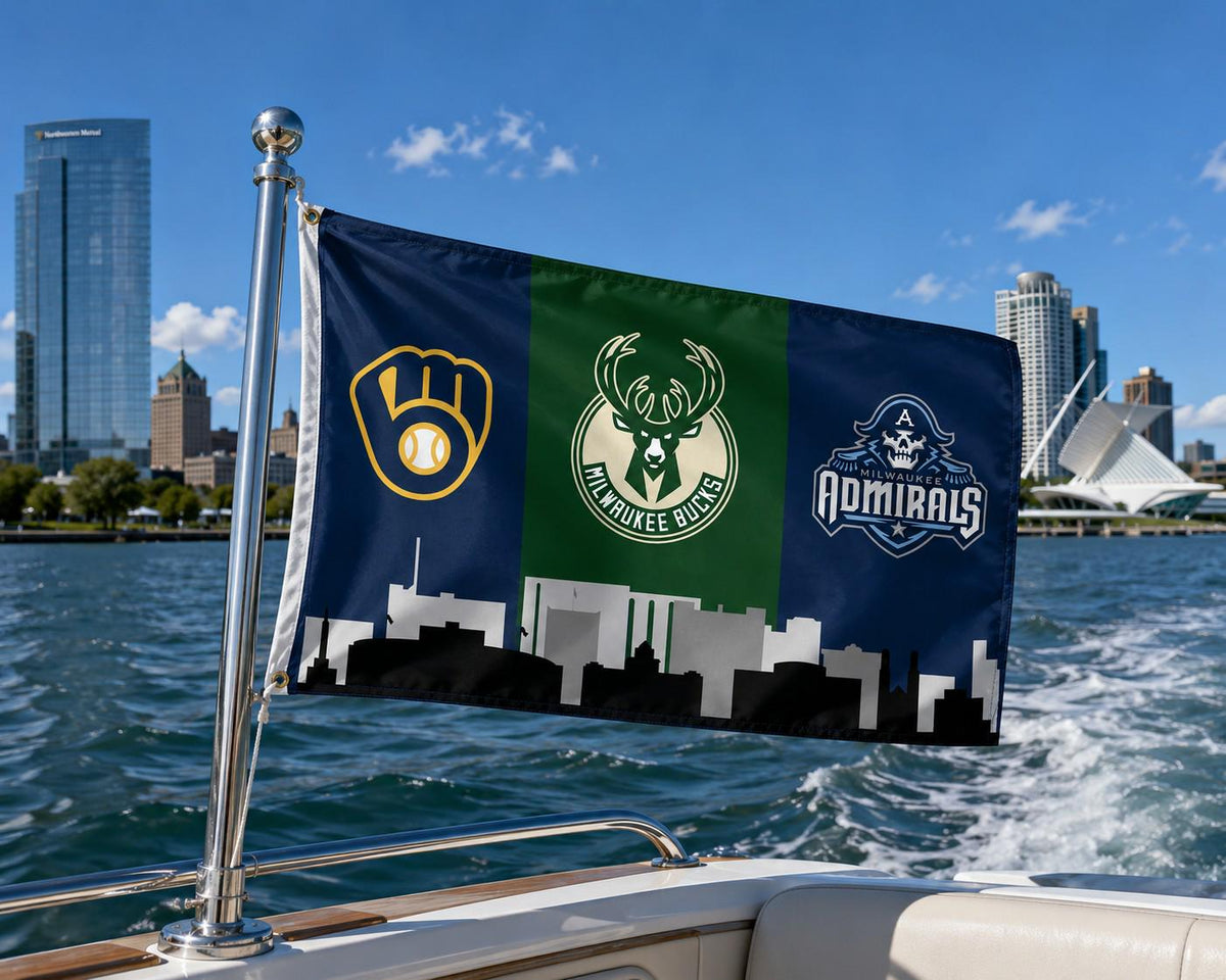 Milwaukee Sports Flag, Milwaukee Brewers Bucks Admirals Flag, Milwaukee Skyline Banner, Wisconsin Fan Decor, Mancave Flag, Garage Decor