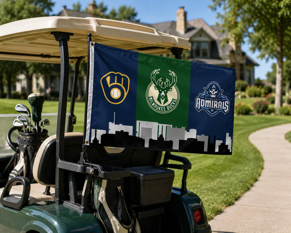 Milwaukee Sports Flag, Milwaukee Brewers Bucks Admirals Flag, Milwaukee Skyline Banner, Wisconsin Fan Decor, Mancave Flag, Garage Decor