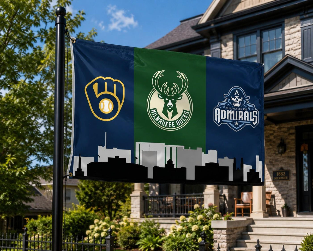 Milwaukee Sports Flag, Milwaukee Brewers Bucks Admirals Flag, Milwaukee Skyline Banner, Wisconsin Fan Decor, Mancave Flag, Garage Decor