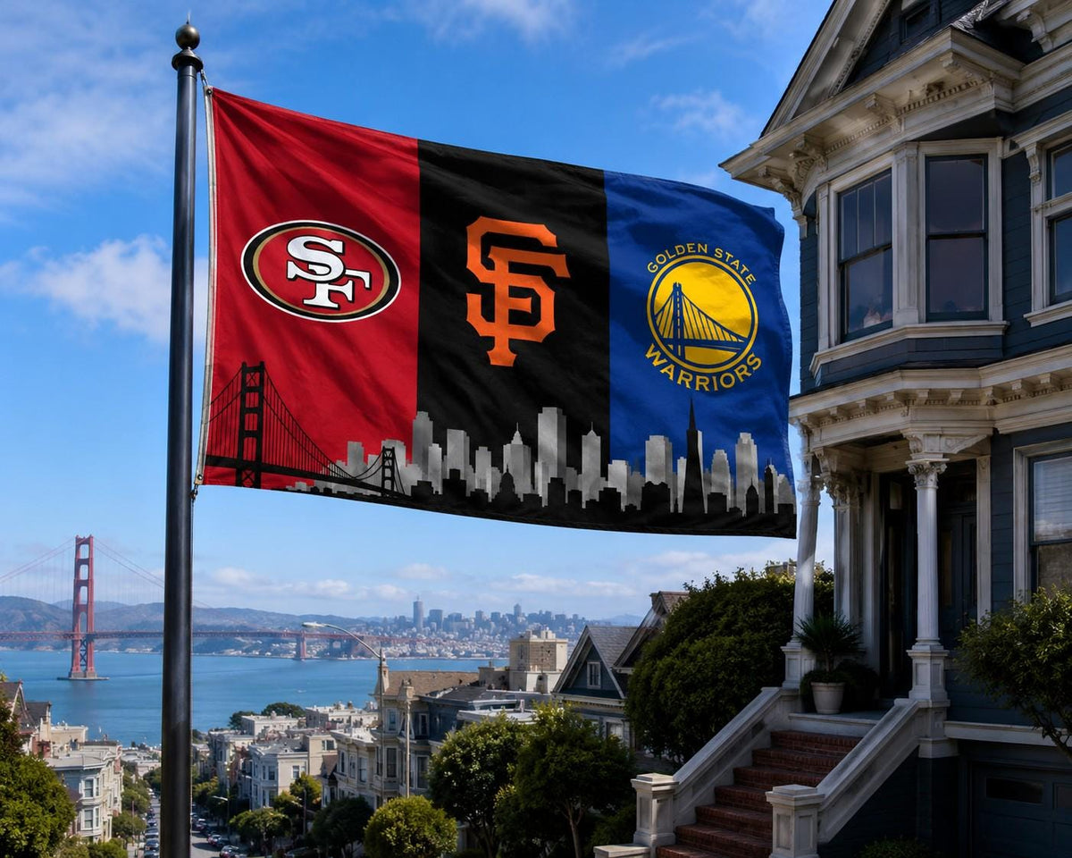 San Francisco Sports Flag, 49ers Giants Warriors Flag, San Francisco Skyline Banner, Bay Area Mancave Decor, SF Fan Gift