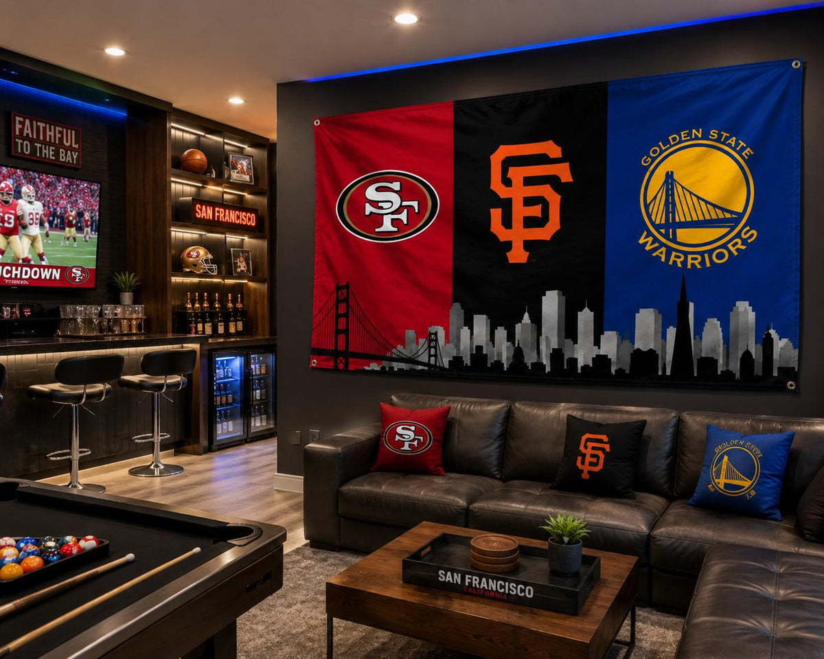 San Francisco Sports Flag, 49ers Giants Warriors Flag, San Francisco Skyline Banner, Bay Area Mancave Decor, SF Fan Gift