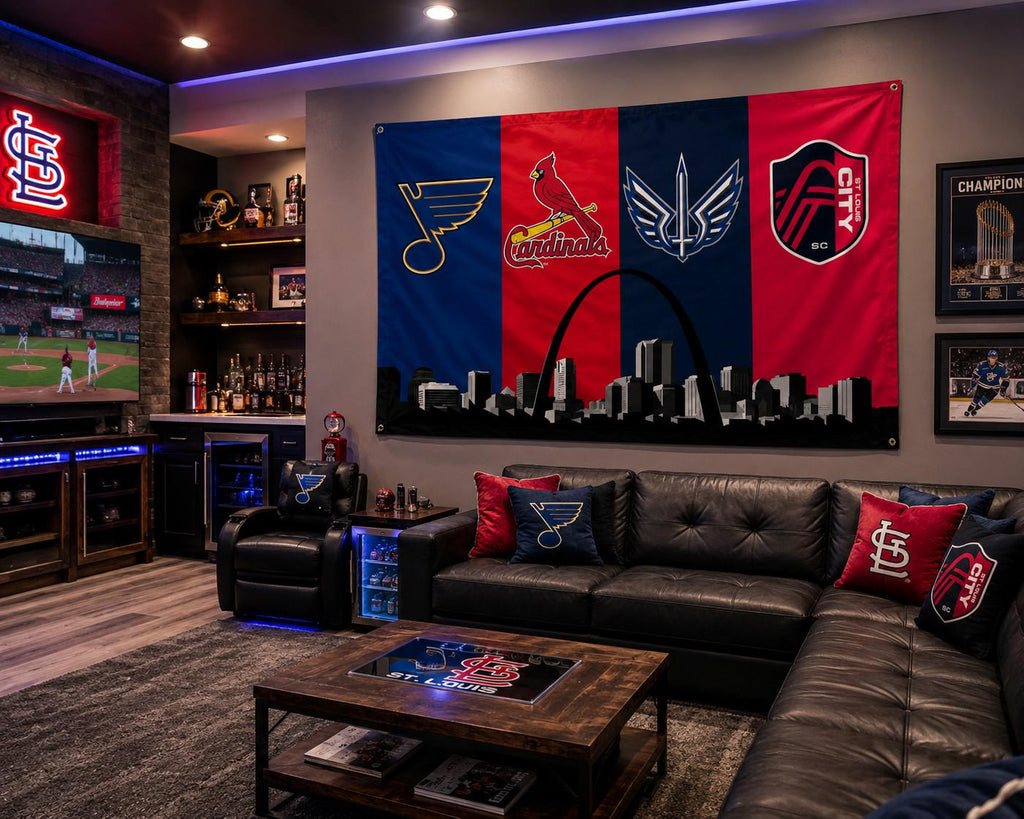 St Louis Sports Flag, Blues Cardinals Battlehawks City SC Flag, St Louis Skyline Banner, STL Mancave Decor, St Louis Fan Gift