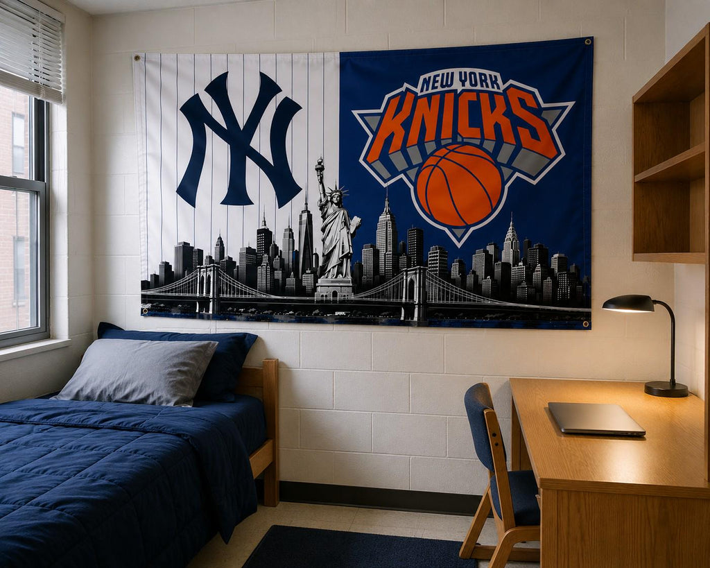 New York Yankees Knicks Flag, NYC Sports Flag, New York Skyline Banner, Yankees Wall Flag, Knicks Decor, Mancave Gift