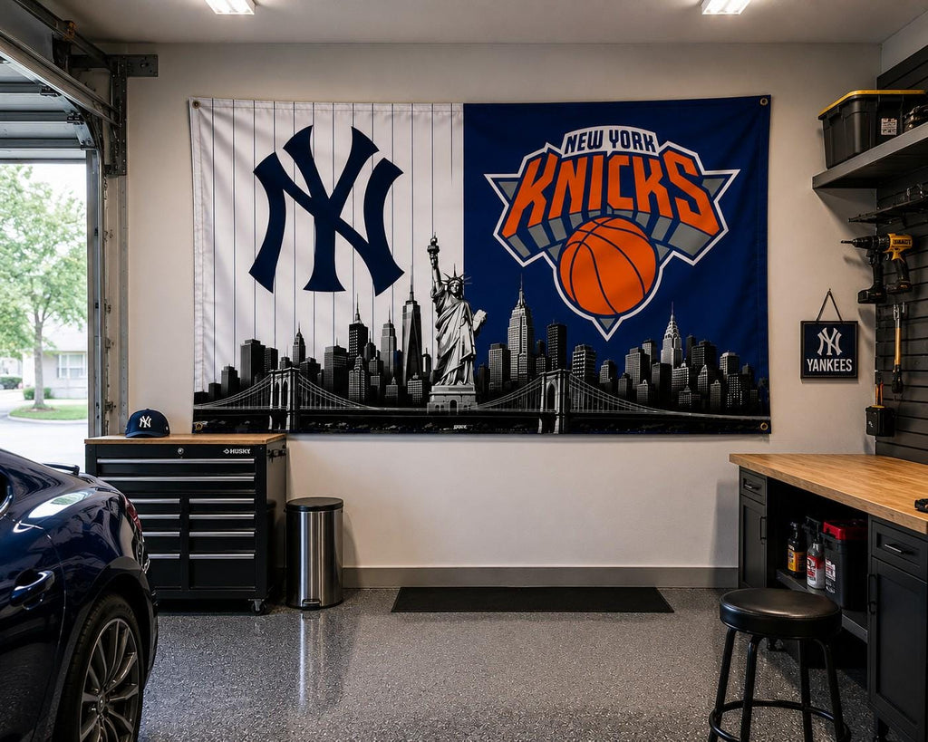 New York Yankees Knicks Flag, NYC Sports Flag, New York Skyline Banner, Yankees Wall Flag, Knicks Decor, Mancave Gift