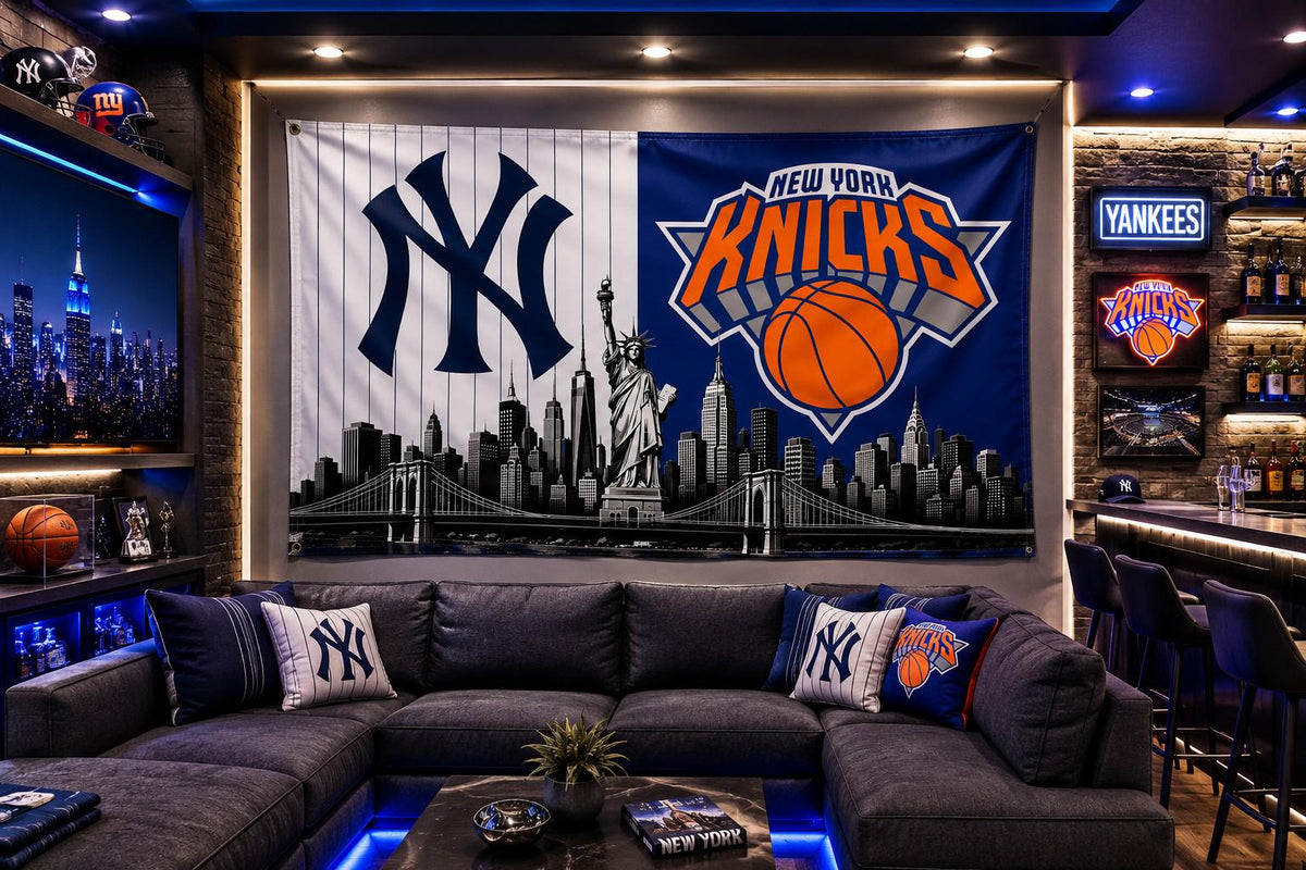 New York Yankees Knicks Flag, NYC Sports Flag, New York Skyline Banner, Yankees Wall Flag, Knicks Decor, Mancave Gift