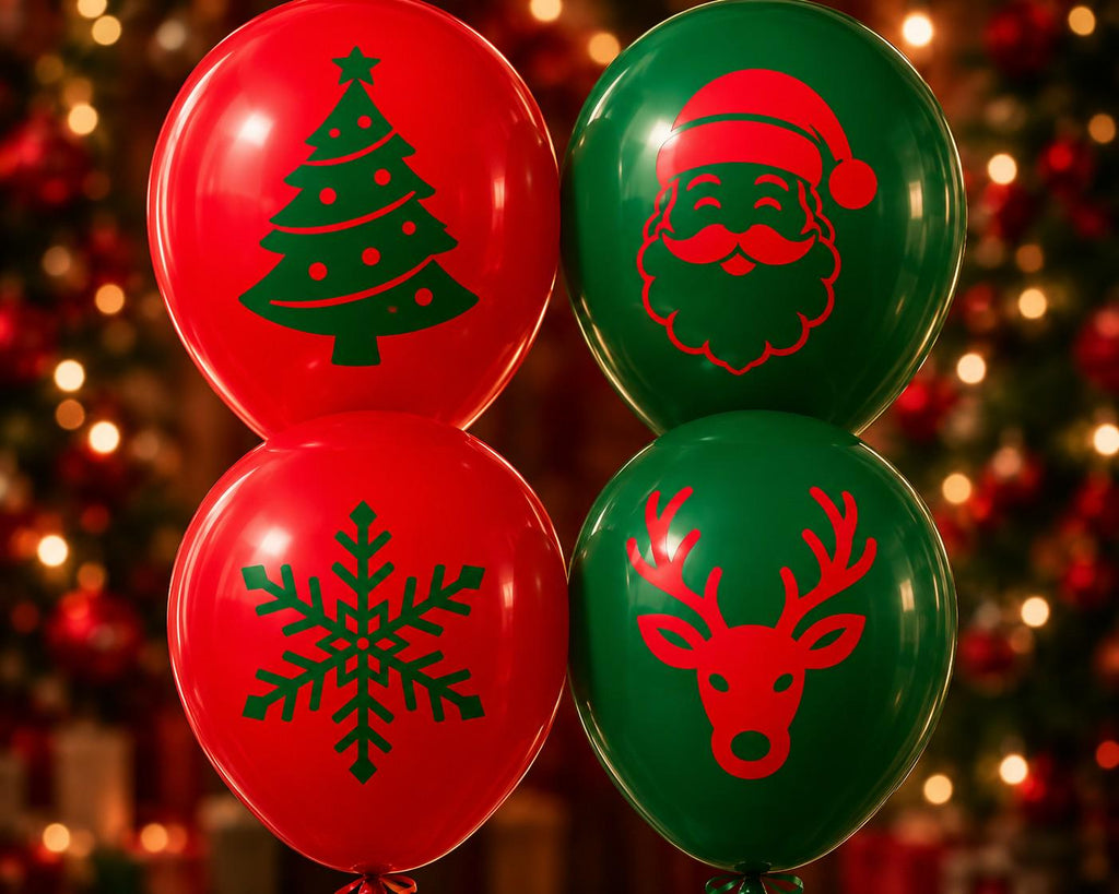 Christmas printed balloons shown as a 1,000-piece party pack