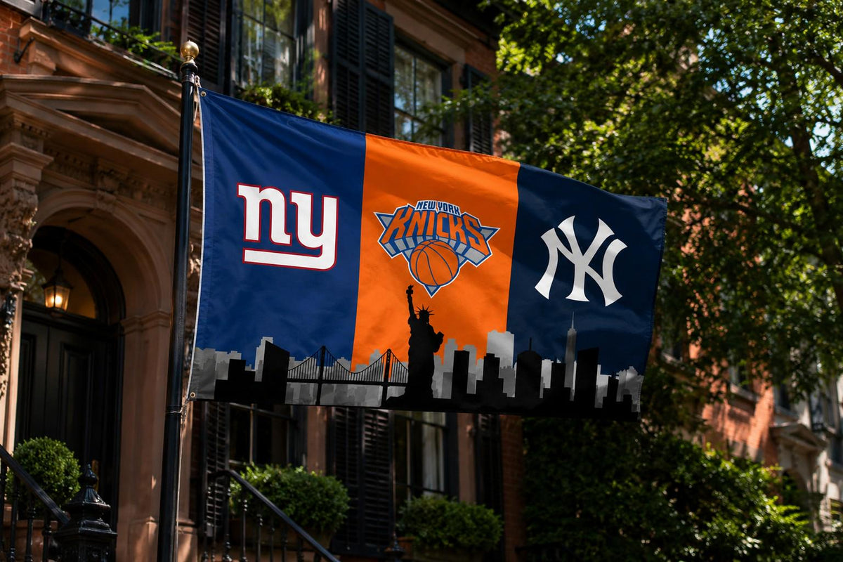 New York Giants Knicks Yankees Flag, NYC Skyline Sports Flag, New York Fan Decor, Mancave Banner, Garden Boat Flag