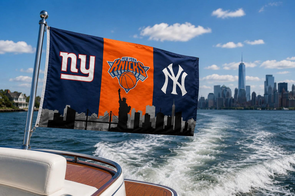 New York Giants Knicks Yankees Flag, NYC Skyline Sports Flag, New York Fan Decor, Mancave Banner, Garden Boat Flag