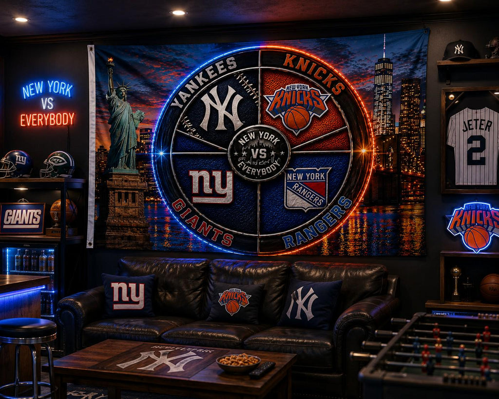 New York vs Everybody Flag, Yankees Knicks Giants Rangers Flag, NYC Skyline Sports Banner, New York Mancave Decor