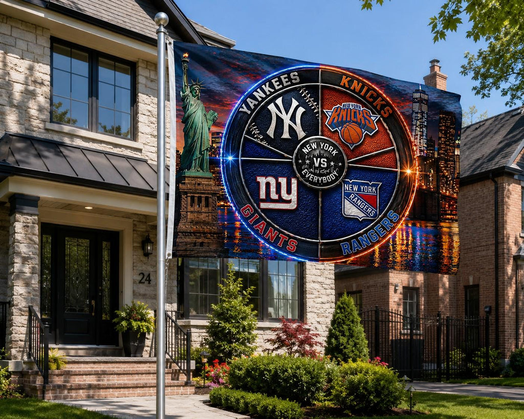 New York vs Everybody Flag, Yankees Knicks Giants Rangers Flag, NYC Skyline Sports Banner, New York Mancave Decor