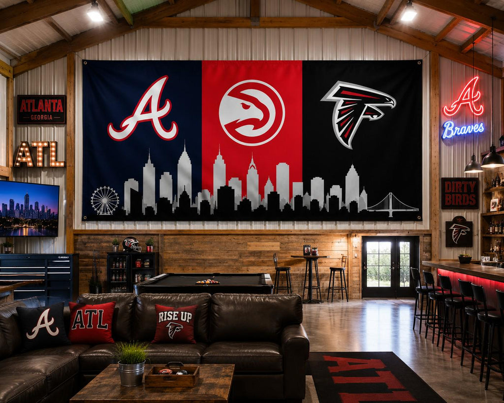 Atlanta Braves Hawks Falcons Flag, Atlanta Skyline Flag, Atlanta Sports Decor, Mancave Flag, Garage Banner Gift