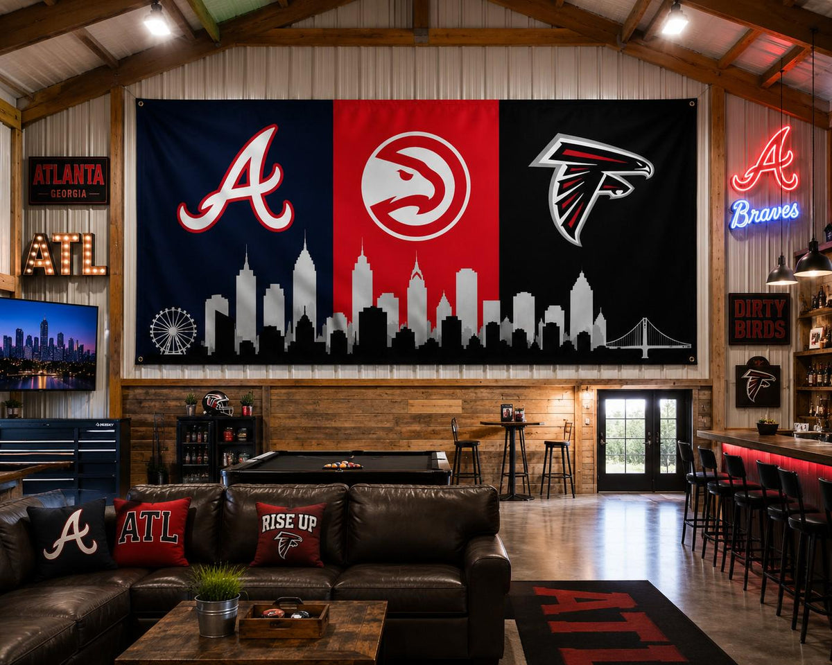 Atlanta Braves Hawks Falcons Flag, Atlanta Skyline Flag, Atlanta Sports Decor, Mancave Flag, Garage Banner Gift