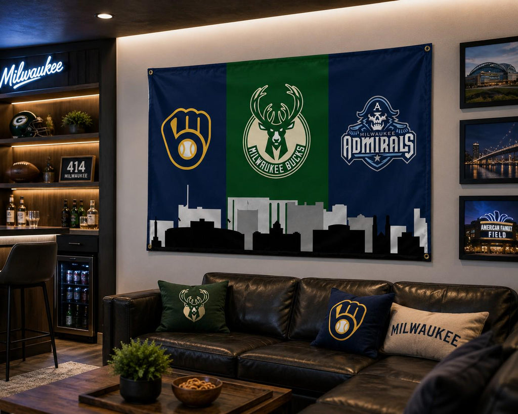 Milwaukee Sports Flag, Milwaukee Brewers Bucks Admirals Flag, Milwaukee Skyline Banner, Wisconsin Fan Decor, Mancave Flag, Garage Decor