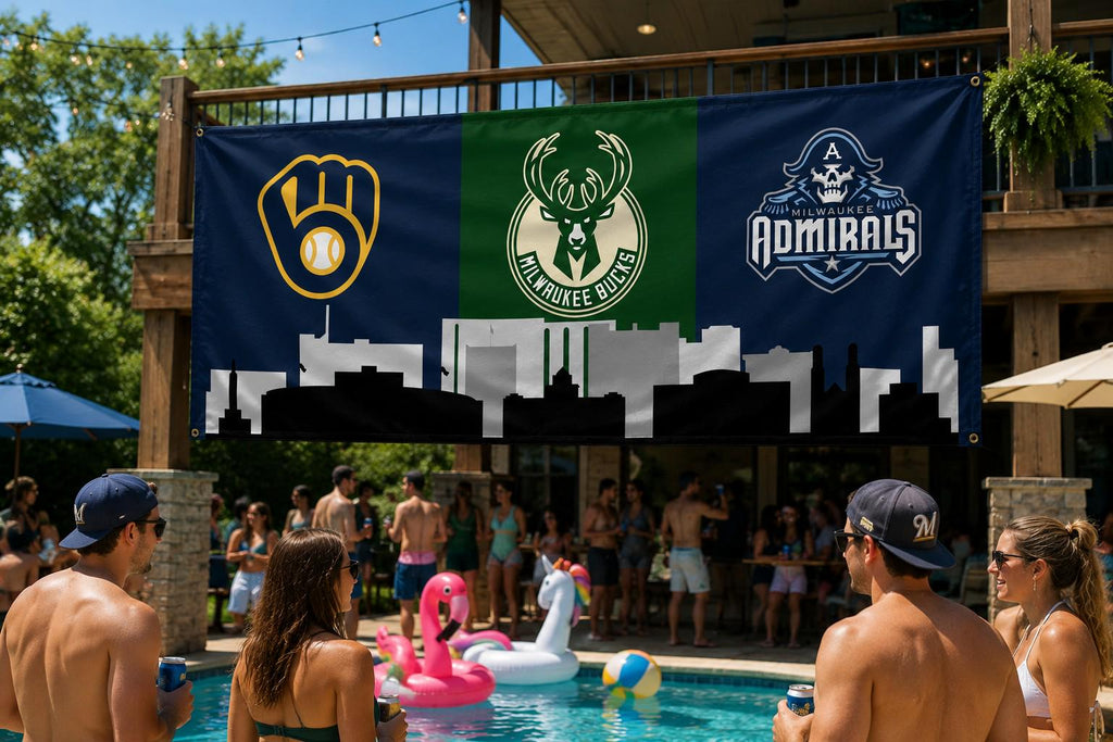 Milwaukee Sports Flag, Milwaukee Brewers Bucks Admirals Flag, Milwaukee Skyline Banner, Wisconsin Fan Decor, Mancave Flag, Garage Decor
