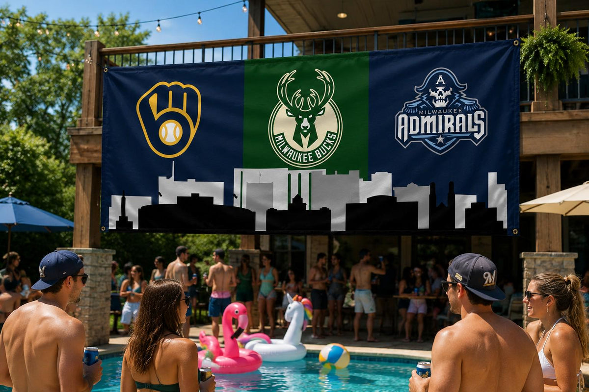 Milwaukee Sports Flag, Milwaukee Brewers Bucks Admirals Flag, Milwaukee Skyline Banner, Wisconsin Fan Decor, Mancave Flag, Garage Decor
